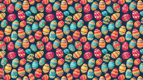 A lively and densely packed seamless loop of brightly colored, patterned Easter eggs. Excellent for spring holidays, children's content, or festive event backdrops.