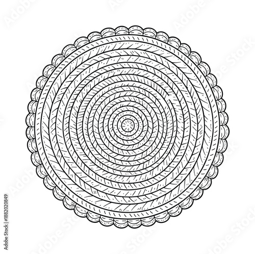 Circular woven rope rug illustration. Features a spiral pattern with detailed texture in black and white.