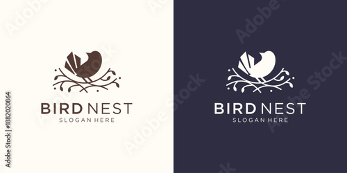 simple nest logo illustration silhouette bird and leaf, birdhouse symbol.