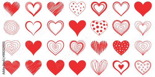 Red heart set hand drawn vector, collection of heart icons, love symbols, doodles for greeting cards, Valentine’s Day, painted grunge design