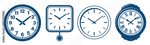 Clock collection vector design, featuring four styles of clocks. Classic and modern designs for wall decor