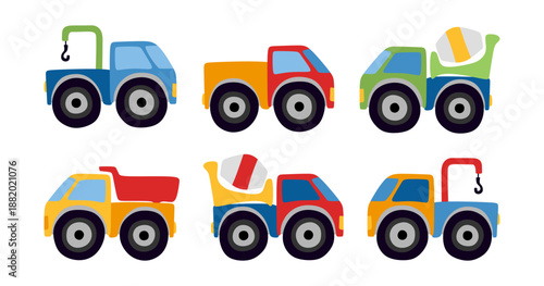 Collection of different colorful trucks with big wheels - truck with crane, dump truck, concrete mixer