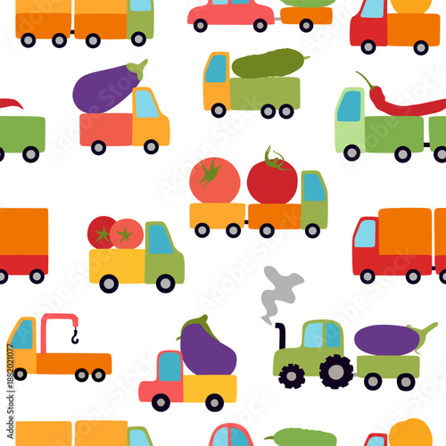 Seamless pattern with trucks transporting vegetables. Colorful print on white background.