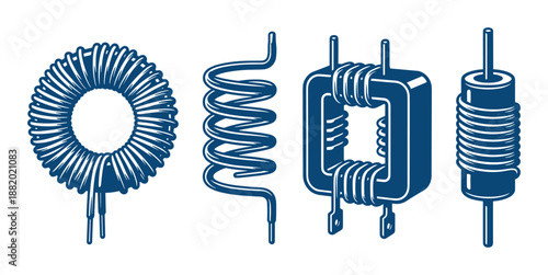 Coils illustration showing solenoid, toroidal and transformer inductors. Electrical engineering concept.