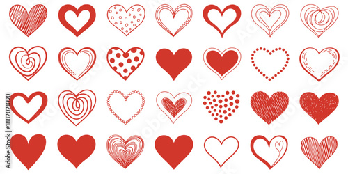 Red heart set collection, hand drawn vector icons for love logo, heart symbols, doodle icons, greeting card, Valentine’s Day, painted grunge shapes