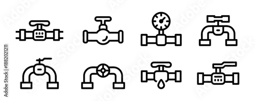 Collection of Black Plumbing Pipes and Fittings Vector Icon Set on White Background with Various Designs in Line Art Style of Different Shapes
