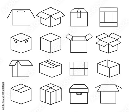 Collection of Cardboard Box Packaging Icons and Container Silhouette Symbols for Postal Services Shipping Delivery and Storage