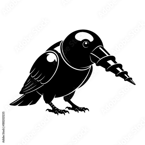 A stylized illustration of a bird with a mechanical screw beak in black and white silhouette