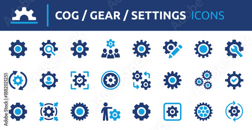 Collection of cog gear and settings icons for interface configuration customization vector illustration on white background