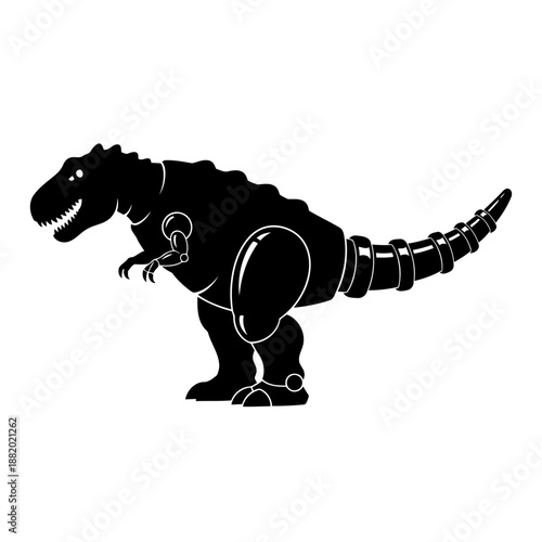A black silhouette of a robotic t-rex dinosaur with mechanical parts and segmented tail