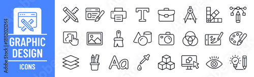 Collection of design graphic line icons with computer and palette representing creative process of designer work including tools for creating illustration in flat style