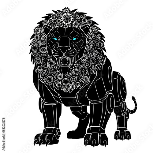 Mechanical lion illustration with steampunk and robotic elements