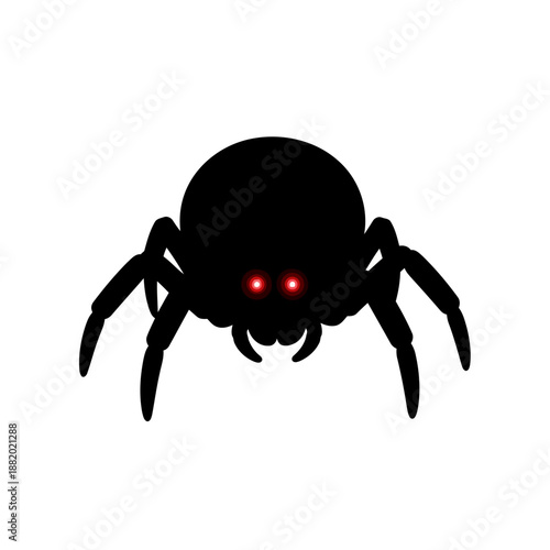 A scary black spider silhouette with bright glowing red eyes on a white background