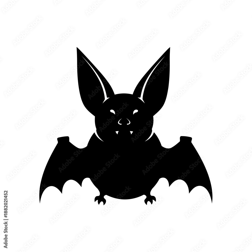 Obraz premium A striking black bat silhouette graphic with fangs and large ears against a white background