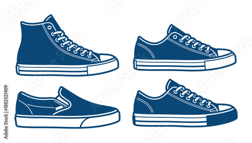 Collection of blue sneakers vector illustration, including high tops, canvas shoes, and slip-ons.