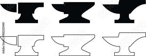 Blacksmith Anvil Icons Set – Metal Forging and Workshop Tool Black Outline Vector