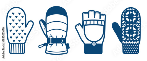 Collection of blue vector illustrations of warm winter mittens and ski gloves for hands protection.