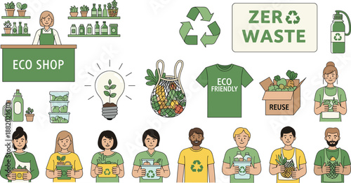 Zero Waste and Eco Friendly Lifestyle Icons Set with Recycling, Reuse and Sustainable Living Vector
