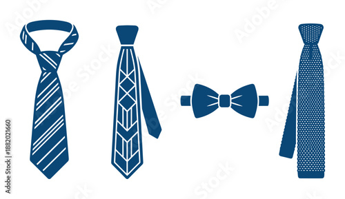 Collection of different types of blue ties and bow tie, isolated on white vector illustration.