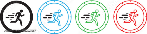 Running Man Icon Set. Fast Speed Sprinter Figure with Stopwatch Timer Border.