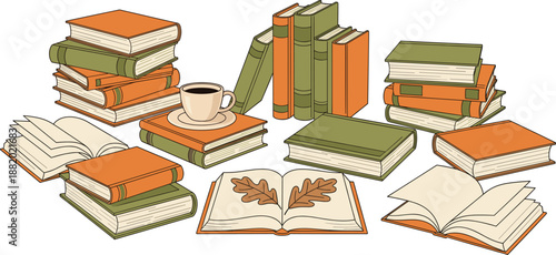 Stacked Books and Open Book Collection with Coffee Cup Education Reading Flat Vector Illustration