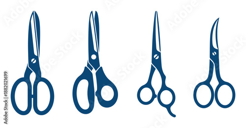 Collection of four dark blue scissors outlines. Cutting, crafting, and design elements