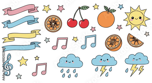 Collection of Cute Hand drawn Cartoon Elements Fruits, Ribbons, Stars, Music Notes, Sun, and Weather Clouds