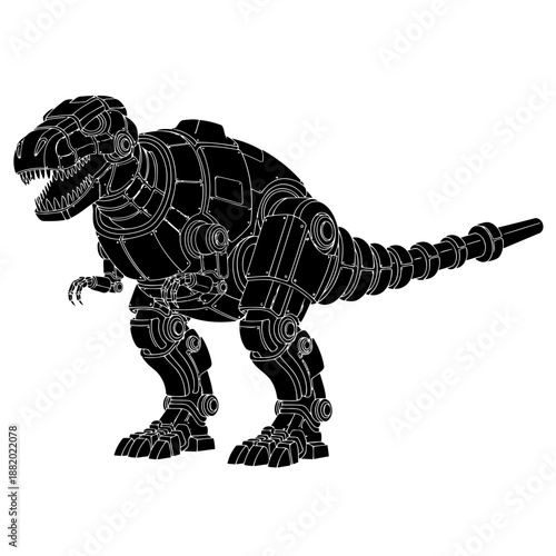 A black and white mechanical t-rex robot illustration with detailed components