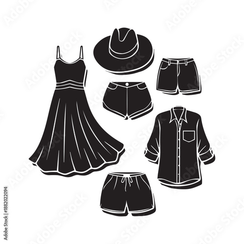 Black Silhouette Summer Fashion Collection Featuring Dress, Shorts, Shirts, and Wide Brim Hats.