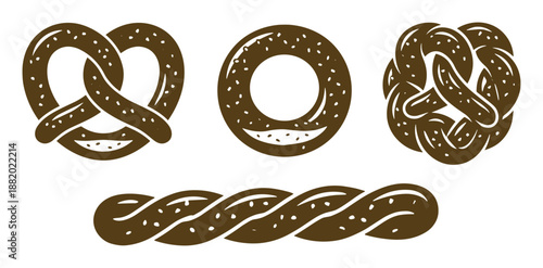 Collection of pretzels in various shapes: classic, ring, twisted and braided baked snack designs.