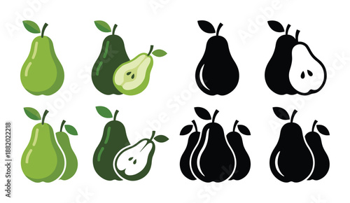 Collection of pear fruit icons. Fresh pear and sliced pear in green and black colors. Simple vector design
