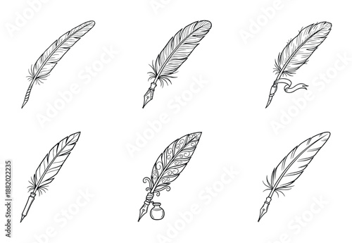 Collection of quill pen illustrations. Ornate, decorative, vintage, calligraphy, writer, ink, writing tool.