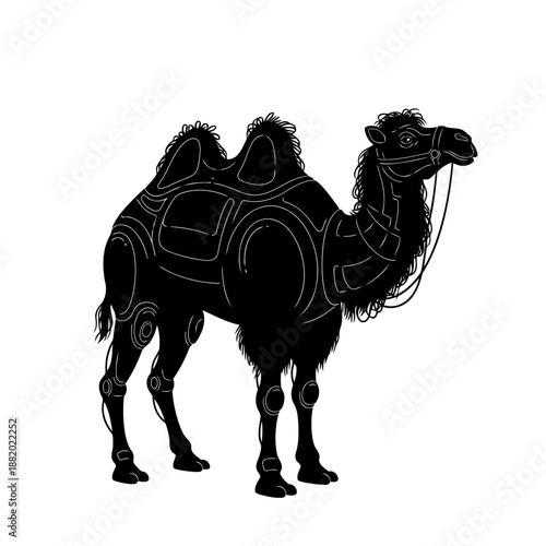 A detailed black silhouette illustration of a bactrian camel with saddle