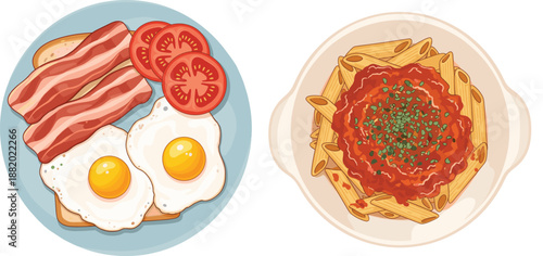Breakfast Eggs with Bacon and Tomato Plate and Pasta with Sauce Dinner Illustration Flat Vector