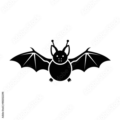 A simple black bat cartoon icon flying with spread wings on a white background