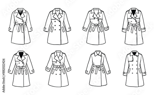 Collection of trench coats outline, presenting belted, double breasted, single breasted, front views in vector style.