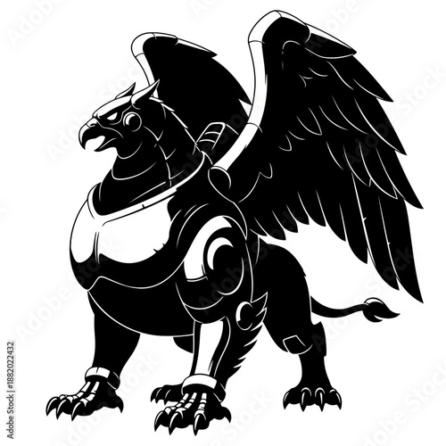 A detailed black and white illustration of a powerful griffin monster in armor