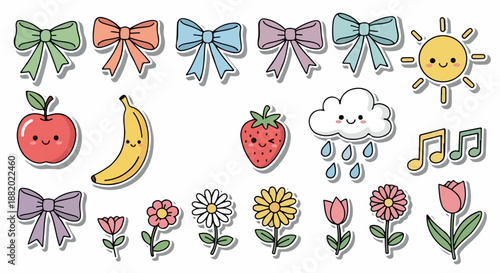 Sweet Collection of Kawaii Doodle Stickers Featuring Bows, Fruits, Flowers, Sun, Cloud, and Musical Notes
