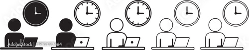 Office Worker at Desk with Clock Icon Set. Time Management, Deadline, and Workspace Vector Symbols.