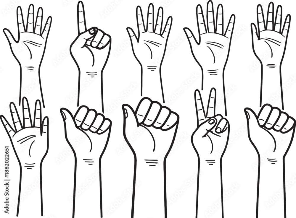 Fototapeta premium Hand gestures icon set showing various count and sign language movements in bold black line art style clip