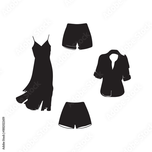 Black Silhouette Summer Fashion Collection Featuring Dress, Shorts, Shirts, and Wide Brim Hats.