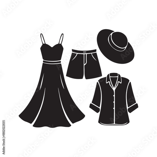 Black Silhouette Summer Fashion Collection Featuring Dress, Shorts, Shirts, and Wide Brim Hats.