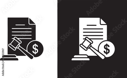 Legal Contract and Financial Law Icon Set. Document with Judge Gavel and Dollar Coin Vector Symbols.