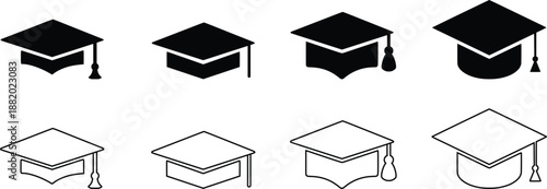 Graduation Cap Silhouette and Outline Icon Set – Education Mortarboard Vector Collection
