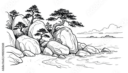 Detailed black and white illustration of a seascape with rocks, trees, clouds, and calm ocean water.
