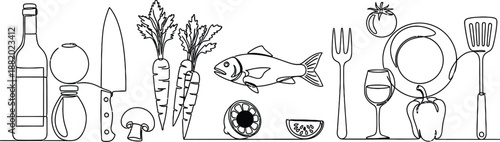 A simple line drawing of various food and dining items arranged on a table
