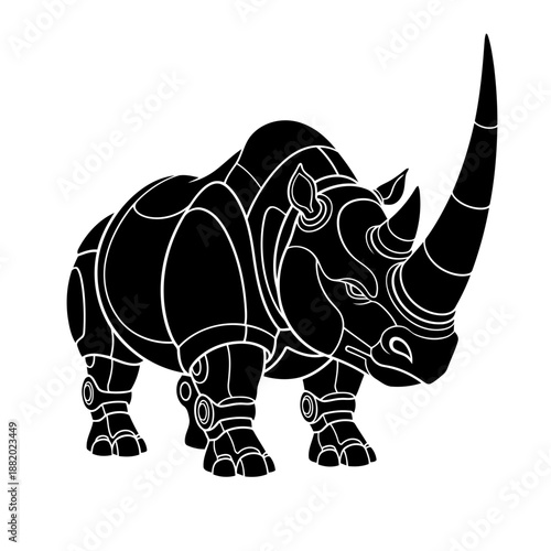 A powerful black rhinoceros illustration with futuristic robotic armor plating on a white background