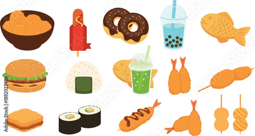 Street Food and Snack Icons Set with Asian Fast Food, Desserts and Drinks Flat Vector Illustration