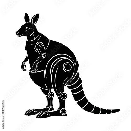 Black silhouette illustration of a futuristic robotic kangaroo with mechanical joints