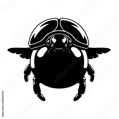 Stylized black and white vector illustration of a scarab beetle with wings spread